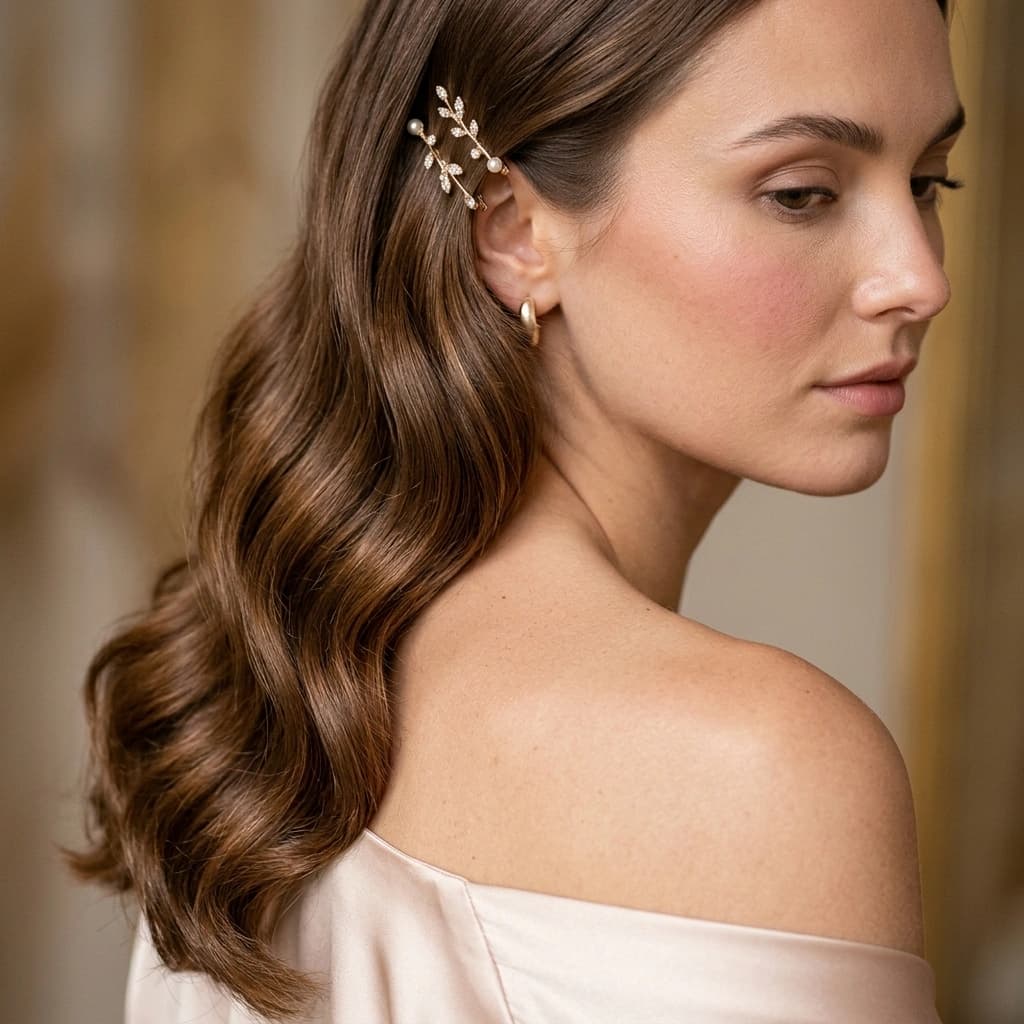 Luxury hair styling waves and accessory detail
